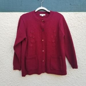 TC Fashions dark red knit cardigan with floral faux pearl embroidery large